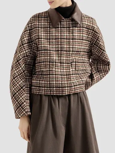 Brunello Cucinelli Women's Comfort Checked Wool and Alpaca Outerwear Jacket with Leather Collar - Brown - Size 14 | Thumbnail 2 Brunello Cucinelli Women's Comfort Checked Wool and Alpaca Outerwear Jacket with Leather Collar - Brown - Size 14 | Thumbnail 2