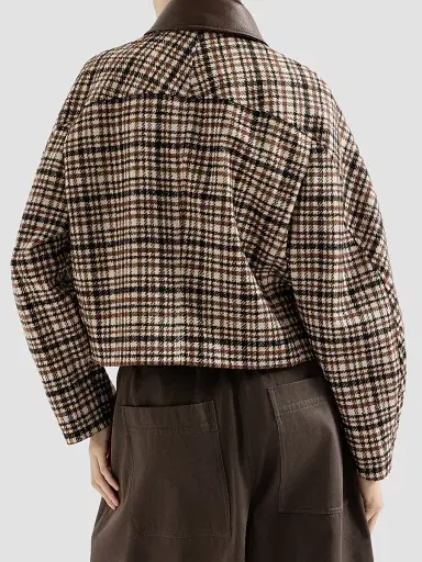 Brunello Cucinelli Women's Comfort Checked Wool and Alpaca Outerwear Jacket with Leather Collar - Brown - Size 14 | Thumbnail 3 Brunello Cucinelli Women's Comfort Checked Wool and Alpaca Outerwear Jacket with Leather Collar - Brown - Size 14 | Thumbnail 3