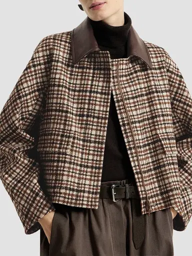 Brunello Cucinelli Women's Comfort Checked Wool and Alpaca Outerwear Jacket with Leather Collar - Brown - Size 14 | Thumbnail 4 Brunello Cucinelli Women's Comfort Checked Wool and Alpaca Outerwear Jacket with Leather Collar - Brown - Size 14 | Thumbnail 4