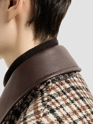 Brunello Cucinelli Women's Comfort Checked Wool and Alpaca Outerwear Jacket with Leather Collar - Brown - Size 14 | Thumbnail 5 Brunello Cucinelli Women's Comfort Checked Wool and Alpaca Outerwear Jacket with Leather Collar - Brown - Size 14 | Thumbnail 5