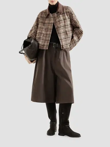 Brunello Cucinelli Women's Comfort Checked Wool and Alpaca Outerwear Jacket with Leather Collar - Brown - Size 14 | Thumbnail 6 Brunello Cucinelli Women's Comfort Checked Wool and Alpaca Outerwear Jacket with Leather Collar - Brown - Size 14 | Thumbnail 6