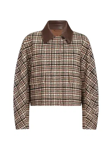 Brunello Cucinelli Women's Comfort Checked Wool and Alpaca Outerwear Jacket with Leather Collar - Brown - Size 14 | Thumbnail 1 Brunello Cucinelli Women's Comfort Checked Wool and Alpaca Outerwear Jacket with Leather Collar - Brown - Size 14 | Thumbnail 1