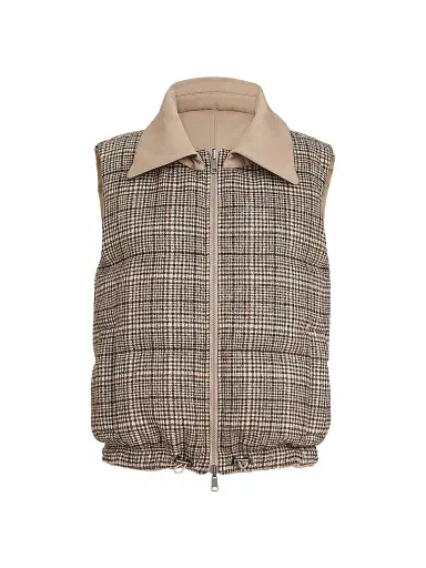 Brunello Cucinelli Women's Twill and Prince of Wales Reversible Down Vest with Detchable Leather Collar | Thumbnail 1 Brunello Cucinelli Women's Twill and Prince of Wales Reversible Down Vest with Detchable Leather Collar | Thumbnail 1