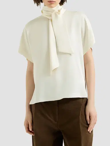 Brunello Cucinelli Women's Silk Satin High-Neck T-Shirt with Monili - Fog | Thumbnail 2 Brunello Cucinelli Women's Silk Satin High-Neck T-Shirt with Monili - Fog | Thumbnail 2
