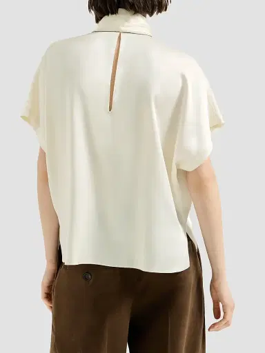 Brunello Cucinelli Women's Silk Satin High-Neck T-Shirt with Monili - Fog | Thumbnail 3 Brunello Cucinelli Women's Silk Satin High-Neck T-Shirt with Monili - Fog | Thumbnail 3