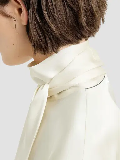 Brunello Cucinelli Women's Silk Satin High-Neck T-Shirt with Monili - Fog | Thumbnail 5 Brunello Cucinelli Women's Silk Satin High-Neck T-Shirt with Monili - Fog | Thumbnail 5