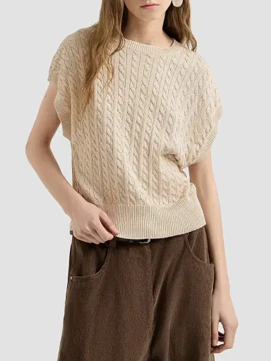 Brunello Cucinelli Women's Sparkling Cotton Cable Knit Sweater - Sand | Thumbnail 2 Brunello Cucinelli Women's Sparkling Cotton Cable Knit Sweater - Sand | Thumbnail 2