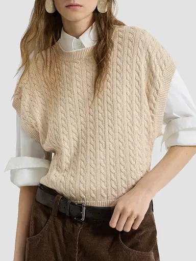 Brunello Cucinelli Women's Sparkling Cotton Cable Knit Sweater - Sand | Thumbnail 4 Brunello Cucinelli Women's Sparkling Cotton Cable Knit Sweater - Sand | Thumbnail 4