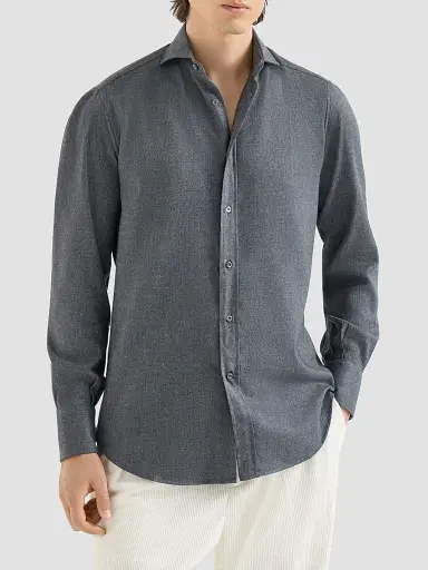 Brunello Cucinelli Men's Stretch Cotton Chevron Flannel Shirt with Spread Collar - Dark Grey | Thumbnail 2 Brunello Cucinelli Men's Stretch Cotton Chevron Flannel Shirt with Spread Collar - Dark Grey | Thumbnail 2