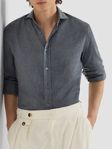 Brunello Cucinelli Men's Stretch Cotton Chevron Flannel Shirt with Spread Collar - Dark Grey | Thumbnail 4 Brunello Cucinelli Men's Stretch Cotton Chevron Flannel Shirt with Spread Collar - Dark Grey | Thumbnail 4
