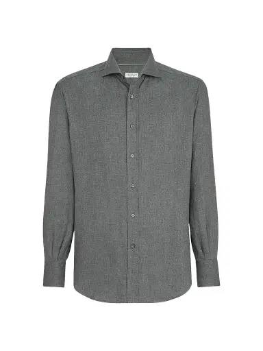 Brunello Cucinelli Men's Stretch Cotton Chevron Flannel Shirt with Spread Collar - Dark Grey | Thumbnail 1 Brunello Cucinelli Men's Stretch Cotton Chevron Flannel Shirt with Spread Collar - Dark Grey | Thumbnail 1