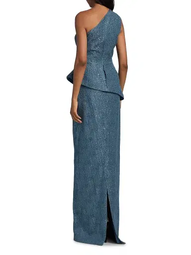Teri Jon by Rickie Freeman Women's Metallic Jacquard One-Shoulder Peplum Gown | Thumbnail 5 Teri Jon by Rickie Freeman Women's Metallic Jacquard One-Shoulder Peplum Gown | Thumbnail 5