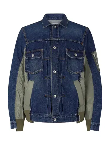 Sacai Distressed Shell-Trimmed Denim Jacket - Men | Thumbnail 1 Sacai Distressed Shell-Trimmed Denim Jacket - Men | Thumbnail 1