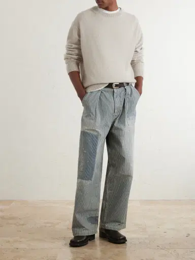 KAPITAL Liberty Hicoree Fatigue Wide-Leg Striped Distressed Patchwork Cotton-Twill Trousers - Men | Thumbnail 2 KAPITAL Liberty Hicoree Fatigue Wide-Leg Striped Distressed Patchwork Cotton-Twill Trousers - Men | Thumbnail 2