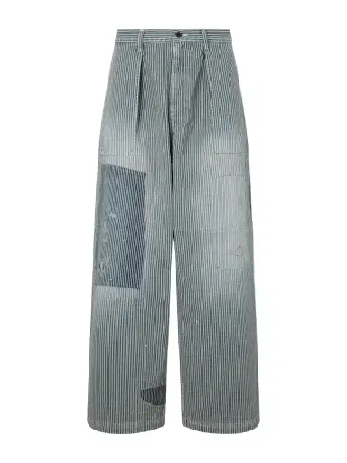 KAPITAL Liberty Hicoree Fatigue Wide-Leg Striped Distressed Patchwork Cotton-Twill Trousers - Men | Thumbnail 1 KAPITAL Liberty Hicoree Fatigue Wide-Leg Striped Distressed Patchwork Cotton-Twill Trousers - Men | Thumbnail 1