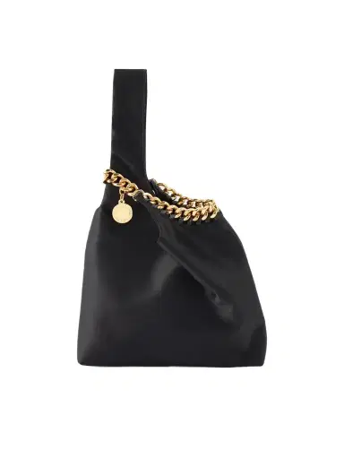Stella McCartney Falabella Logo-embellished Gold-tone And Satin Wristlet Tote | Thumbnail 1 Stella McCartney Falabella Logo-embellished Gold-tone And Satin Wristlet Tote | Thumbnail 1