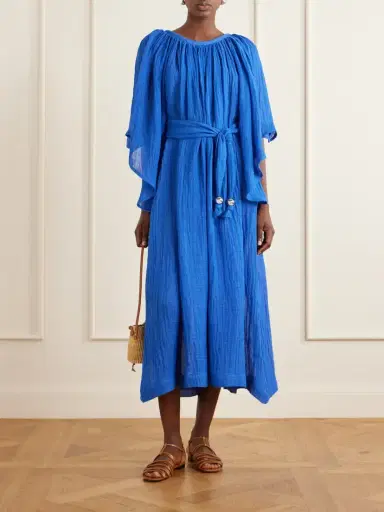 Lisa Marie Fernandez Embellished Belted Crinkled Linen-blend Gauze Midi Dress | Thumbnail 2 Lisa Marie Fernandez Embellished Belted Crinkled Linen-blend Gauze Midi Dress | Thumbnail 2
