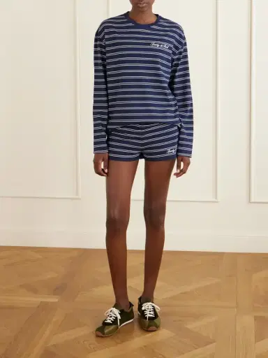 Sporty & Rich Logo-embroidered Striped Cotton-jersey Shorts | Thumbnail 2 Sporty & Rich Logo-embroidered Striped Cotton-jersey Shorts | Thumbnail 2