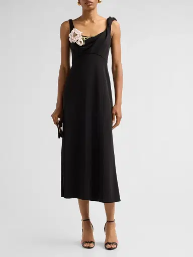 Lela Rose Women's Peony-Embroidered Twist Midi Dress - Black - Size 14 | Thumbnail 2 Lela Rose Women's Peony-Embroidered Twist Midi Dress - Black - Size 14 | Thumbnail 2