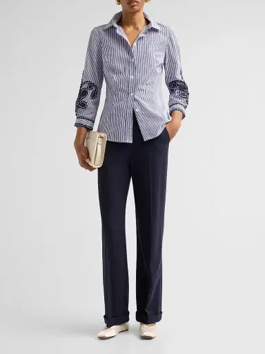 Carolina Herrera Women's Ana Cotton Floral-Embroidered Stripe Shirt - White Blue | Thumbnail 2 Carolina Herrera Women's Ana Cotton Floral-Embroidered Stripe Shirt - White Blue | Thumbnail 2