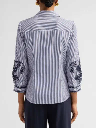 Carolina Herrera Women's Ana Cotton Floral-Embroidered Stripe Shirt - White Blue | Thumbnail 3 Carolina Herrera Women's Ana Cotton Floral-Embroidered Stripe Shirt - White Blue | Thumbnail 3