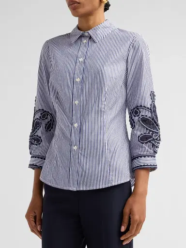 Carolina Herrera Women's Ana Cotton Floral-Embroidered Stripe Shirt - White Blue | Thumbnail 4 Carolina Herrera Women's Ana Cotton Floral-Embroidered Stripe Shirt - White Blue | Thumbnail 4