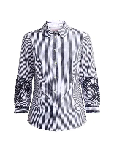Carolina Herrera Women's Ana Cotton Floral-Embroidered Stripe Shirt - White Blue | Thumbnail 1 Carolina Herrera Women's Ana Cotton Floral-Embroidered Stripe Shirt - White Blue | Thumbnail 1