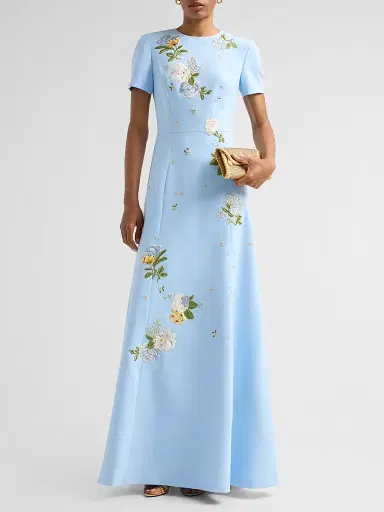 Carolina Herrera Women's Floral Embroidered Short-Sleeve Gown - Cloudy Blue | Thumbnail 2 Carolina Herrera Women's Floral Embroidered Short-Sleeve Gown - Cloudy Blue | Thumbnail 2