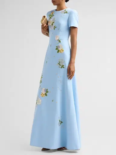 Carolina Herrera Women's Floral Embroidered Short-Sleeve Gown - Cloudy Blue | Thumbnail 4 Carolina Herrera Women's Floral Embroidered Short-Sleeve Gown - Cloudy Blue | Thumbnail 4