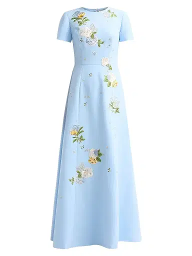 Carolina Herrera Women's Floral Embroidered Short-Sleeve Gown - Cloudy Blue | Thumbnail 1 Carolina Herrera Women's Floral Embroidered Short-Sleeve Gown - Cloudy Blue | Thumbnail 1