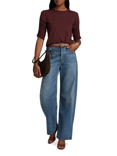 Veronica Beard Women's Waldorf Ruched-Sleeve Cotton Tee - Raisin | Thumbnail 2 Veronica Beard Women's Waldorf Ruched-Sleeve Cotton Tee - Raisin | Thumbnail 2