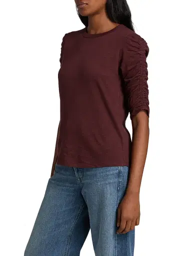 Veronica Beard Women's Waldorf Ruched-Sleeve Cotton Tee - Raisin | Thumbnail 4 Veronica Beard Women's Waldorf Ruched-Sleeve Cotton Tee - Raisin | Thumbnail 4