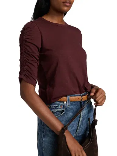 Veronica Beard Women's Waldorf Ruched-Sleeve Cotton Tee - Raisin | Thumbnail 6 Veronica Beard Women's Waldorf Ruched-Sleeve Cotton Tee - Raisin | Thumbnail 6