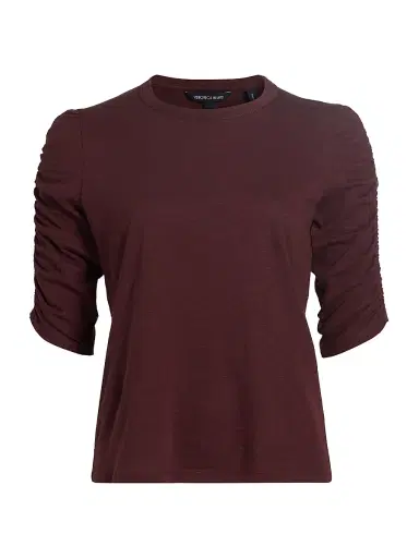 Veronica Beard Women's Waldorf Ruched-Sleeve Cotton Tee - Raisin | Thumbnail 1 Veronica Beard Women's Waldorf Ruched-Sleeve Cotton Tee - Raisin | Thumbnail 1