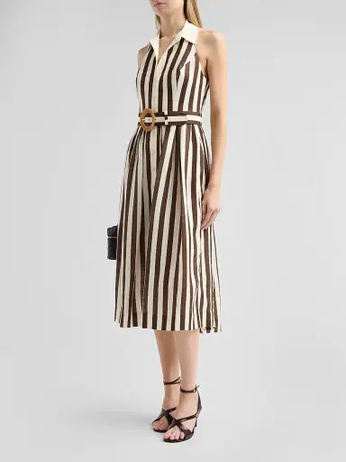 Cara Cara Women's Quentin Striped Linen Button-Front Halter Midi Dress - Brown Ivory Stripe - Size 12 | Thumbnail 4 Cara Cara Women's Quentin Striped Linen Button-Front Halter Midi Dress - Brown Ivory Stripe - Size 12 | Thumbnail 4