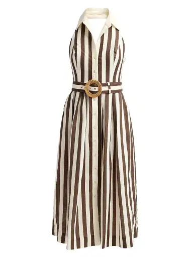Cara Cara Women's Quentin Striped Linen Button-Front Halter Midi Dress - Brown Ivory Stripe - Size 12 | Thumbnail 1 Cara Cara Women's Quentin Striped Linen Button-Front Halter Midi Dress - Brown Ivory Stripe - Size 12 | Thumbnail 1