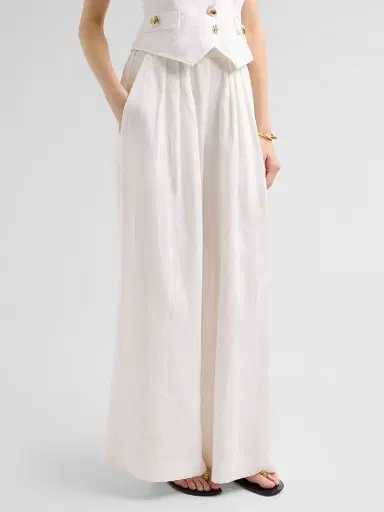 Cara Cara Women's Linen Pleated Palazzo Pants - White | Thumbnail 4 Cara Cara Women's Linen Pleated Palazzo Pants - White | Thumbnail 4