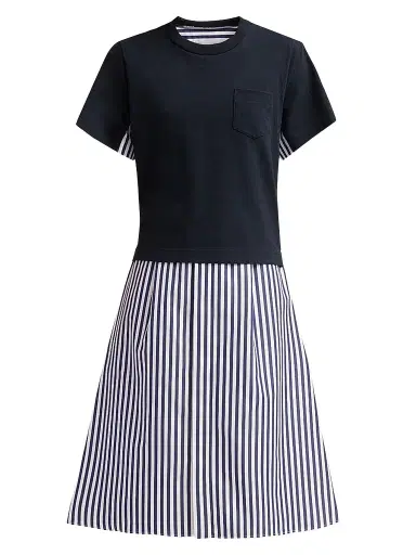 sacai Women's Cotton Poplin T-Shirt Midi Dress - Navy Stripe | Thumbnail 1 sacai Women's Cotton Poplin T-Shirt Midi Dress - Navy Stripe | Thumbnail 1