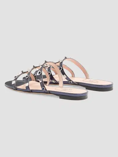 Valentino Garavani Women's Rockstud Slide Sandals in Laminated Nappa with Cabochon - Navy | Thumbnail 3 Valentino Garavani Women's Rockstud Slide Sandals in Laminated Nappa with Cabochon - Navy | Thumbnail 3