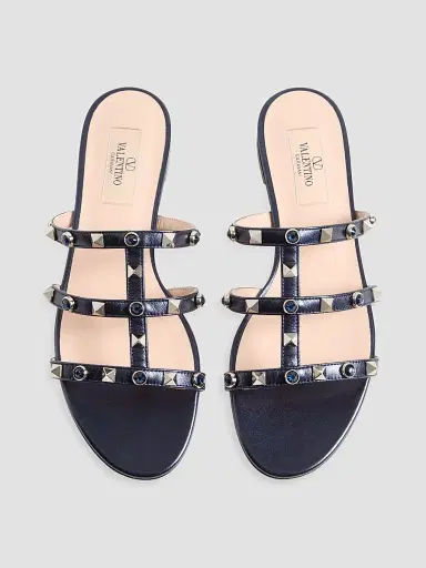 Valentino Garavani Women's Rockstud Slide Sandals in Laminated Nappa with Cabochon - Navy | Thumbnail 4 Valentino Garavani Women's Rockstud Slide Sandals in Laminated Nappa with Cabochon - Navy | Thumbnail 4