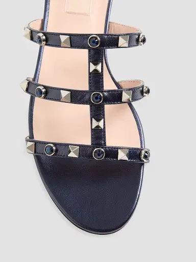 Valentino Garavani Women's Rockstud Slide Sandals in Laminated Nappa with Cabochon - Navy | Thumbnail 5 Valentino Garavani Women's Rockstud Slide Sandals in Laminated Nappa with Cabochon - Navy | Thumbnail 5