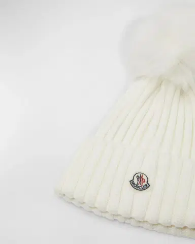 Moncler Ribbed Wool Beanie with Faux Fur Pom | Thumbnail 3 Moncler Ribbed Wool Beanie with Faux Fur Pom | Thumbnail 3