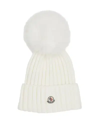 Moncler Ribbed Wool Beanie with Faux Fur Pom | Thumbnail 1 Moncler Ribbed Wool Beanie with Faux Fur Pom | Thumbnail 1