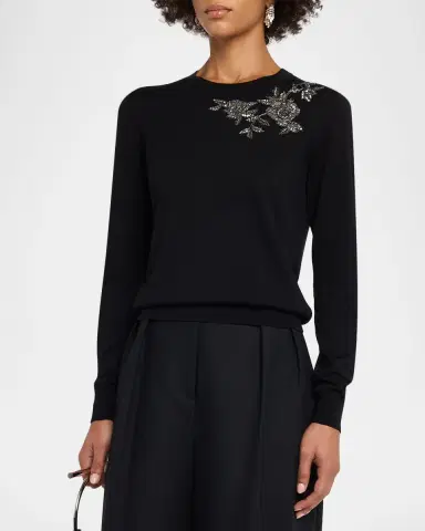 Carolina Herrera Flower Beaded Silk-Cotton Crewneck Sweater | Thumbnail 3 Carolina Herrera Flower Beaded Silk-Cotton Crewneck Sweater | Thumbnail 3