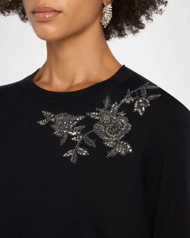 Carolina Herrera Flower Beaded Silk-Cotton Crewneck Sweater | Thumbnail 4 Carolina Herrera Flower Beaded Silk-Cotton Crewneck Sweater | Thumbnail 4