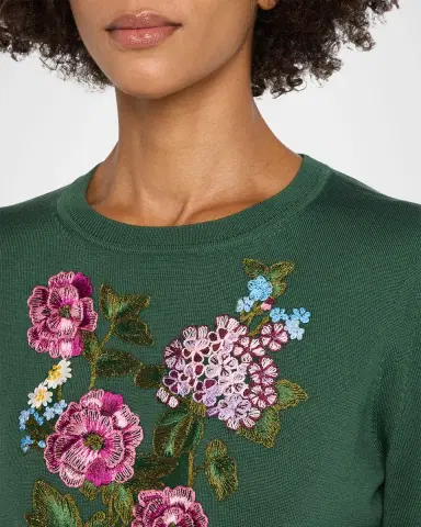 Carolina Herrera Floral Embroidered Silk-Cotton Crewneck Sweater | Thumbnail 3 Carolina Herrera Floral Embroidered Silk-Cotton Crewneck Sweater | Thumbnail 3