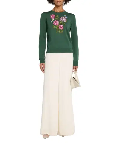 Carolina Herrera Floral Embroidered Silk-Cotton Crewneck Sweater | Thumbnail 1 Carolina Herrera Floral Embroidered Silk-Cotton Crewneck Sweater | Thumbnail 1