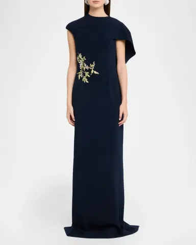Rickie Freeman for Teri Jon Floral-Embroidered Asymmetric Capelet Gown | Thumbnail 2 Rickie Freeman for Teri Jon Floral-Embroidered Asymmetric Capelet Gown | Thumbnail 2