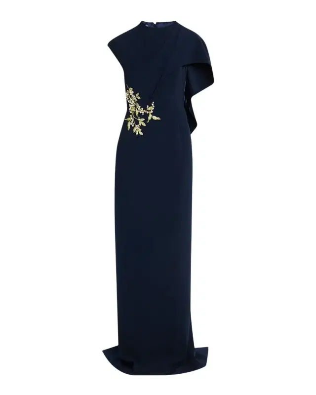 Floral-Embroidered Asymmetric Capelet Gown Floral-Embroidered Asymmetric Capelet Gown
