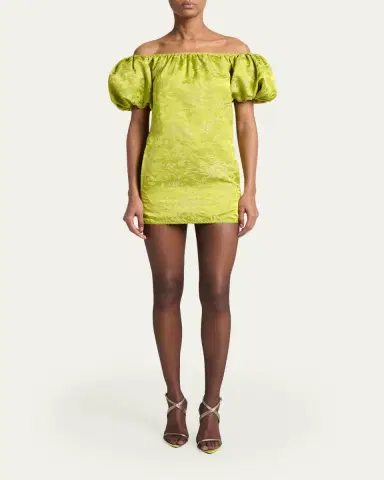 Saint Laurent Duchesse Satin Brocade Puff-Sleeve Mini Dress | Thumbnail 2 Saint Laurent Duchesse Satin Brocade Puff-Sleeve Mini Dress | Thumbnail 2